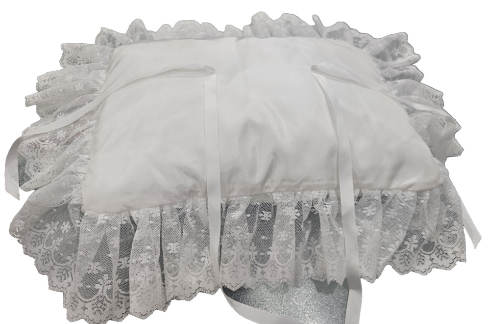 Vintage White Satin & Lace Wedding Ring Bearer Pillow Rectangular Ribbon Ties